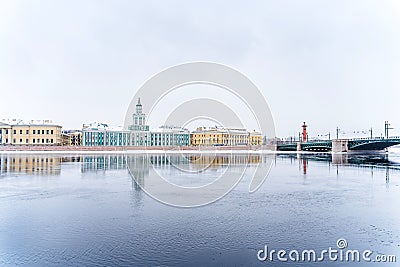 Panorama of the city, frozen Neva and view of the Kunstkamera in St. Petersburg, winter landscape Stock Photo