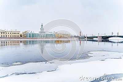 Panorama of the city, frozen Neva and view of the Kunstkamera in St. Petersburg, winter landscape Stock Photo