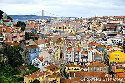 Panorama of the City of Lisbon in Portugal with a view of the castle of St. Joseph, spring in cloudy weather Cityscape Editorial Stock Photo