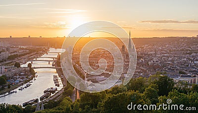 Panorama of the city of Rouen at sunset with the cathedral and the Seine Stock Photo