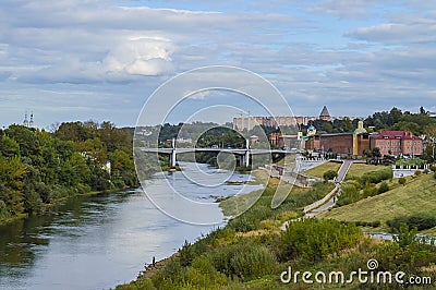 Panorama of the city of Smolensk. Smolensky River, bridge and fortress wall Editorial Stock Photo