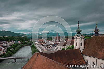 Panorama of the city of Steyr looking down from the castle hill. Lush green setting in a picturesque city in Upper Austria Stock Photo