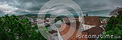 Panorama of the city of Steyr looking down from the castle hill. Lush green setting in a picturesque city in Upper Austria Stock Photo