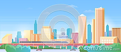 Panorama of city train subway vector illustration, cartoon flat urban cityscape with modern metro train traveling by Vector Illustration