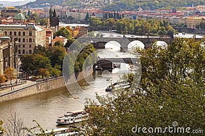 A panorama of the city with a view of the Vltava River and four Stock Photo