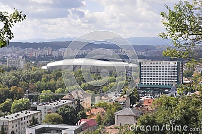 Panorama with Cluj Arena Stadium of Cluj-Napoca town from Transylvania region in Romania Editorial Stock Photo