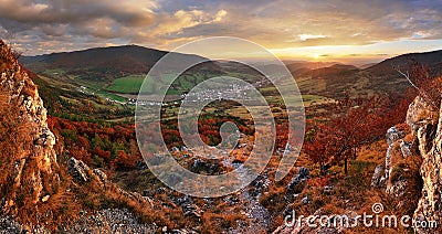 Panorama of Colorful autumn landscape in the mountain village. F Stock Photo