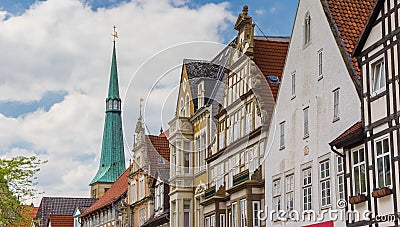Panorama of colorful historic facades in the center of Hameln Stock Photo