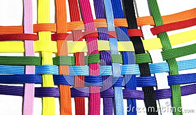 Panorama, colorful ropes are connected, cooperation and cohesion Stock Photo