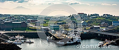 Panorama of the colorful town and harbor of Stykkisholmur, Snaefellsness peninsula Iceland Stock Photo