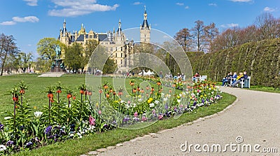 Panorama of colorful tulips in the castle garden of Schwerin Editorial Stock Photo