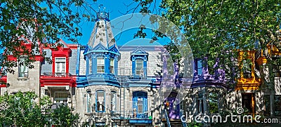 Panorama of colorful Victorian houses in Le plateau Mont Royal borough in Montreal Quebec Stock Photo