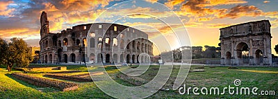 Panorama of the Colosseum and Arch of Constantine the Great at sunrise, Rome. Italy Editorial Stock Photo