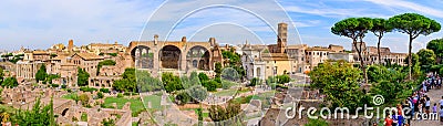 Panorama of Colosseum and Roman Forum, a forum surrounded by ruins in Rome Editorial Stock Photo