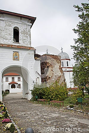 Entrance in the restored church from Comana Stock Photo