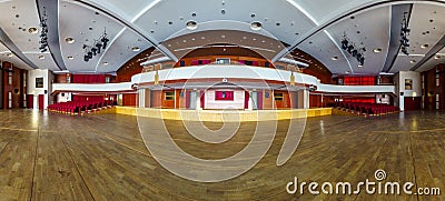 Panorama of the concert hall. View from the stage. Visible scenes on the left and right, lighting. Stock Photo