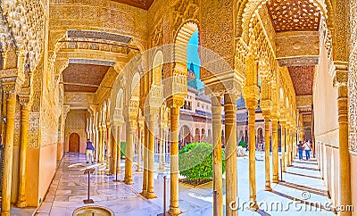Panorama of Court of Lions arcade, Lions Palace, Alhambra, Granada, Spain Editorial Stock Photo