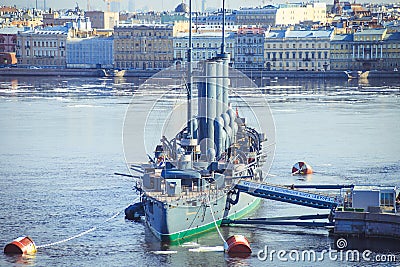 Panorama of the cruiser Aurora in St. Petersburg Editorial Stock Photo