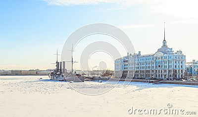 Panorama of the cruiser Aurora in St. Petersburg in winter Editorial Stock Photo