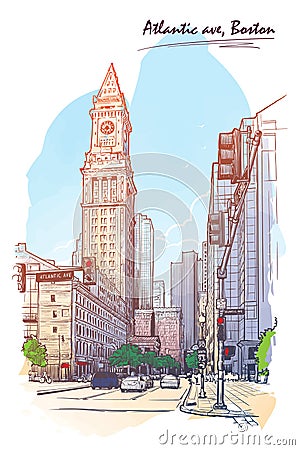 Panorama of the Custom House Tower. Painted sketch isolated on white background. EPS10 vector illustration. Vector Illustration