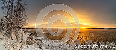 Panorama of dawn on the Reftinsky reservoir in winter, Russia Ural, Stock Photo