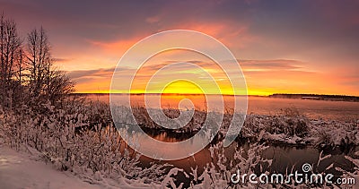 Panorama of dawn on the Reftinsky reservoir in winter, Russia Ural, Stock Photo