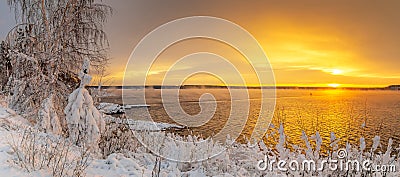 Panorama of dawn on the Reftinsky reservoir in winter, Russia Ural, Stock Photo