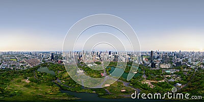 360 panorama by 180 degrees angle seamless panorama of aerial of green trees in Lumpini Park, Sathorn, Bangkok Downtown Skyline. Editorial Stock Photo