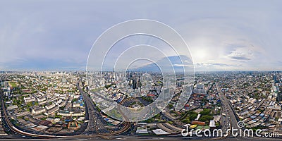 360 panorama by 180 degrees angle seamless panorama of aerial view of Victory Monument on street road in Bangkok Downtown Skyline Stock Photo