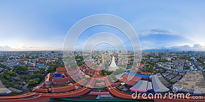 360 panorama by 180 degrees angle seamless panorama of aerial view of the Giant Golden Buddha in Wat Paknam Phasi Charoen Temple Stock Photo