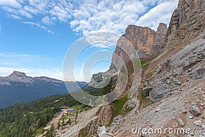 Panorama of Dibona mountain hut at the foots of Tofana di Rozes Stock Photo