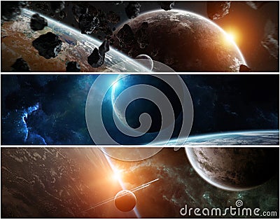 Panorama of distant planet system in space 3D rendering elements Stock Photo