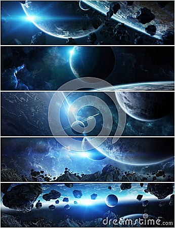 Panorama of distant planet system in space 3D rendering elements Stock Photo