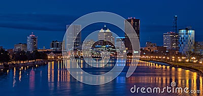 Panorama of Downtown Rochester New York at night Stock Photo