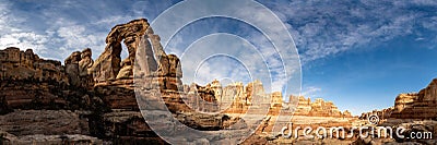 Panorama of Druid Arch in the Elephant Hill Canyon Stock Photo