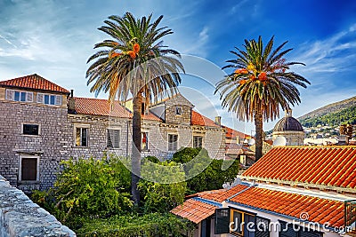Panorama Dubrovnik Old Town roofs at sunset. Europe, Croatia Stock Photo