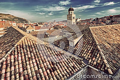 Panorama Dubrovnik Old Town roofs at sunset Stock Photo