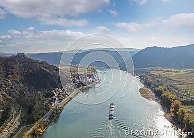 Panorama of Duernstein village with castle and Danube river during autumn in Austria Stock Photo