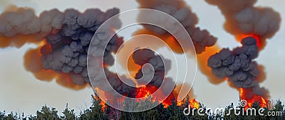 Panorama of an ecological disaster in the form of a strong forest fire on a summer day. Above the tops of green trees, flames and Stock Photo