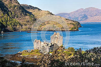 Panorama of Eilean Donan Castle at Kyle of Lochalsh in the Western Highlands of Scotland Stock Photo
