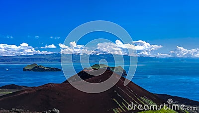 Panorama with Eldfell volcano in Heimaey island, Vestmannaeyjar archipelago Iceland Stock Photo