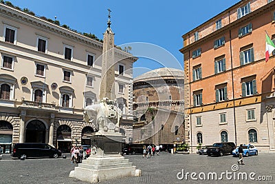 Panorama with Elephant Obelisk and Pantheon in city of Rome, Italy Editorial Stock Photo