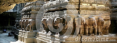 Panorama of Ellora caves in India Stock Photo