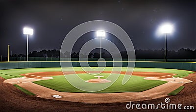 Panorama of empty baseball field at night from behind home pate Stock Photo