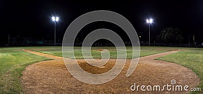 Panorama of empty baseball field at night from behind home pate Stock Photo