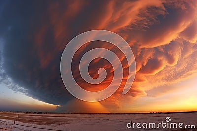 Panorama of the entire sky with dramatic rain clouds, golden hour. Stock Photo