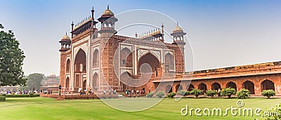 Panorama of the entrance gate to the Taj Mahal in Agra Editorial Stock Photo