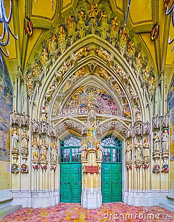 Panorama of the entrance portal to Bern Minster in Bern, Switzerland Editorial Stock Photo