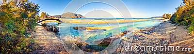 Panorama of the famous beach of Georgioupolis with the river, Chania. Stock Photo