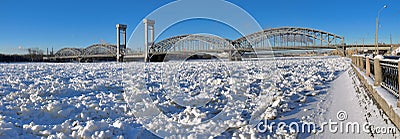Panorama Finnish railway bridge. St. Petersburg. Winter Editorial Stock Photo